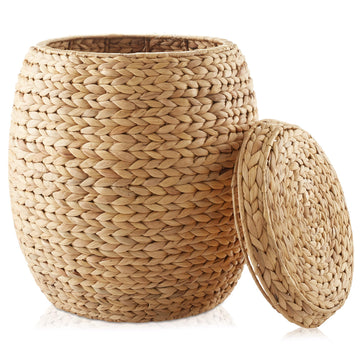 Round Storage Basket with Lid - Natural, Handwoven Water Hyacinth Organizer for Laundry, Blankets, Plants, Bedroom