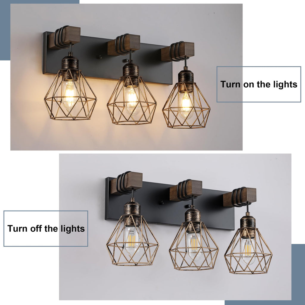 Black Gold Bathroom Light Fixtures, 3-Light Farmhouse Vanity Light