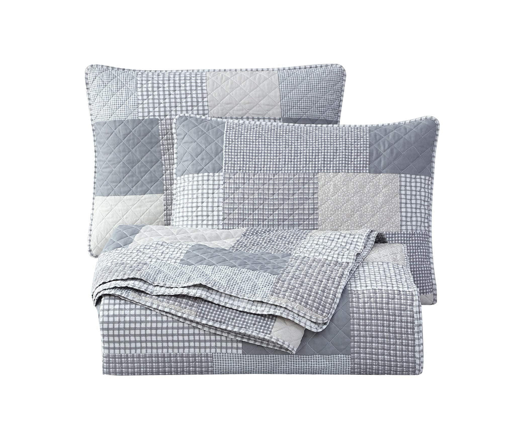 Anderson 3-Piece Printed Patchwork Quilt Set, Lightweight Polyester Cover with 100% Cotton Filling, Modern Gray Plaid