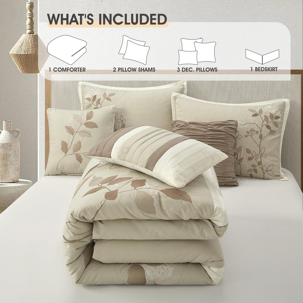 Beige Queen Comforter Set, 7 Pieces Bed in a Bag, Elegant Floral Leaves Embroidery, Soft and Lightweight All Seasons