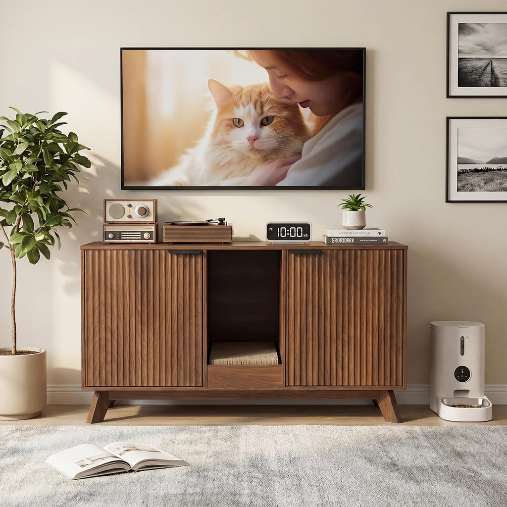 Double Cat Litter Box Enclosure for 2 Cats, Fluted Hidden Litter Box Furniture with Litter Collector & Scratch Pad, 47"