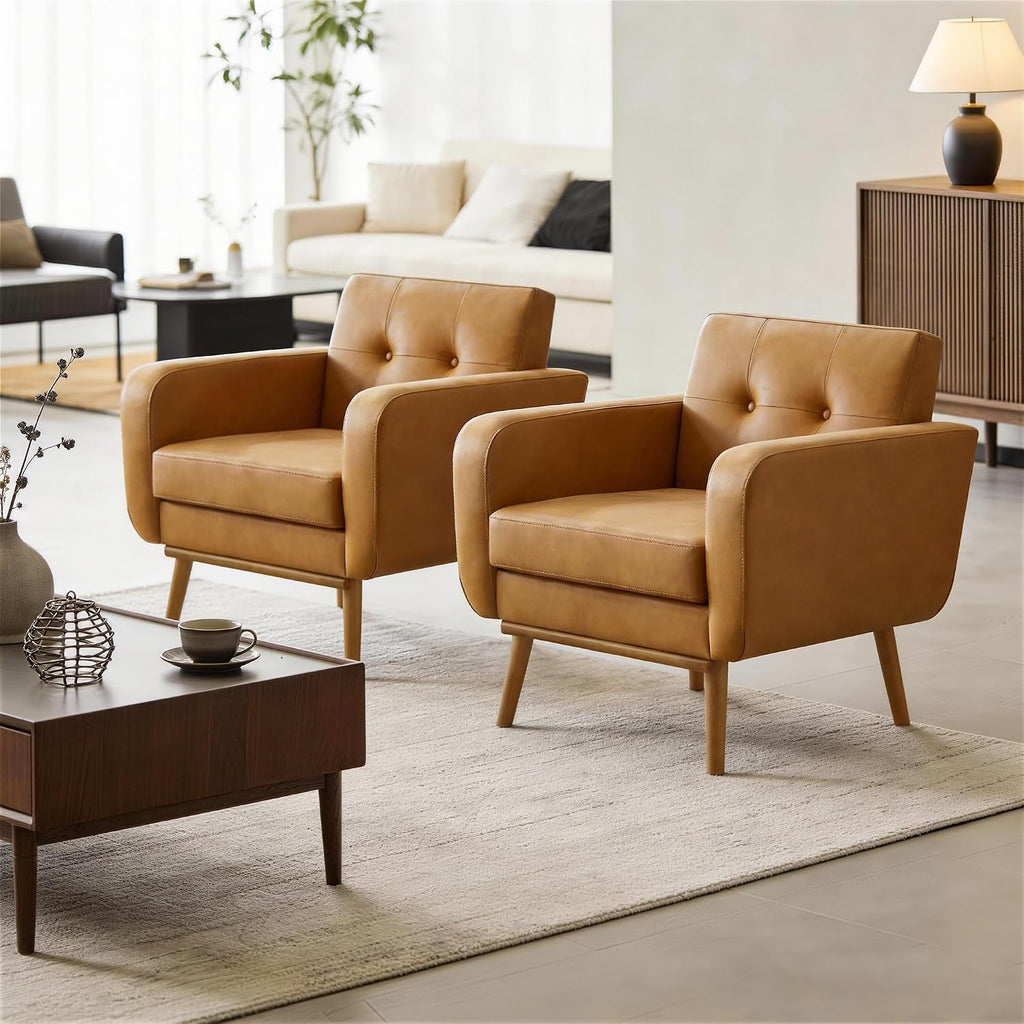 Leather Accent Chairs, Living Room Chairs (Brownish Yellow) - Set of 2