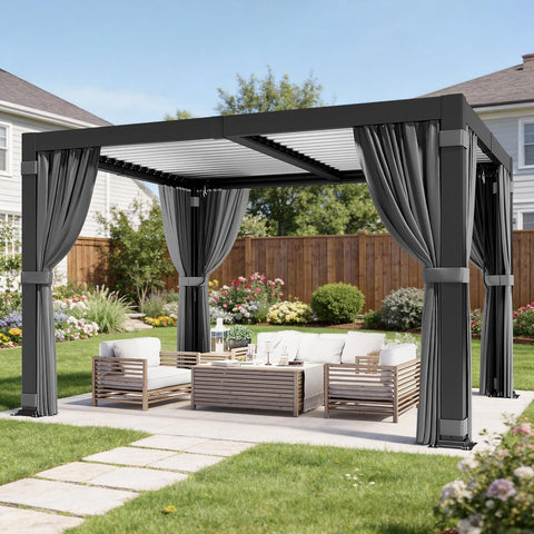 10'x12' Louvered Pergola, Outdoor Pergola with 2 Independent Adjustable Roof and Drainage System, Aluminum Pavilion with Curtains & Netting, Hardtop Gazebo for Patio, Deck, Garden, Dark Gray