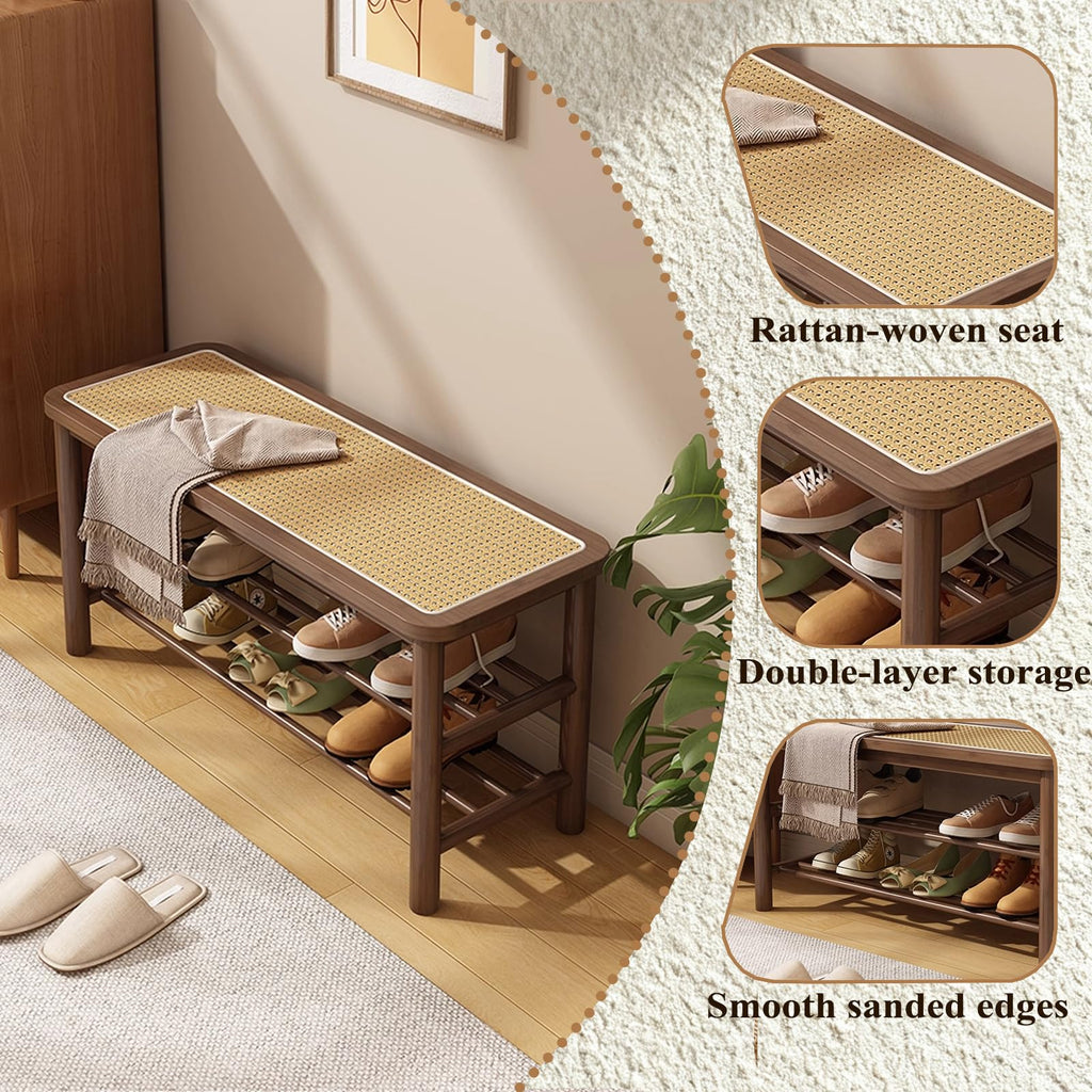 Bamboo Shoe Rack Bench with Rattan Seat, 3-Tier Shoe Storage Bench, Entryway Bench, Walnut 39.4 inches