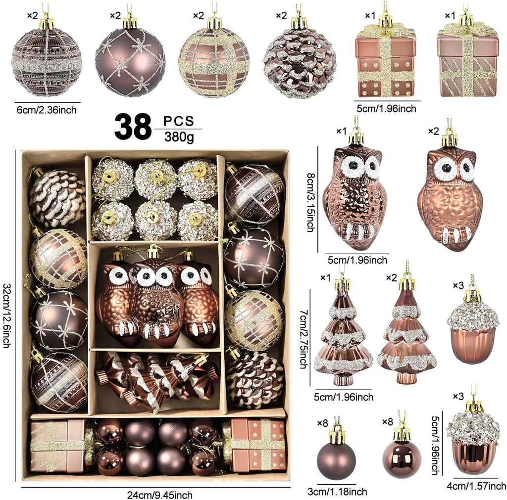 Christmas Ball Ornaments Set, 2.36 Inches Brown Gold Copper Assorted Xmas Tree Ball Ornaments, Shatterproof - Set of 38