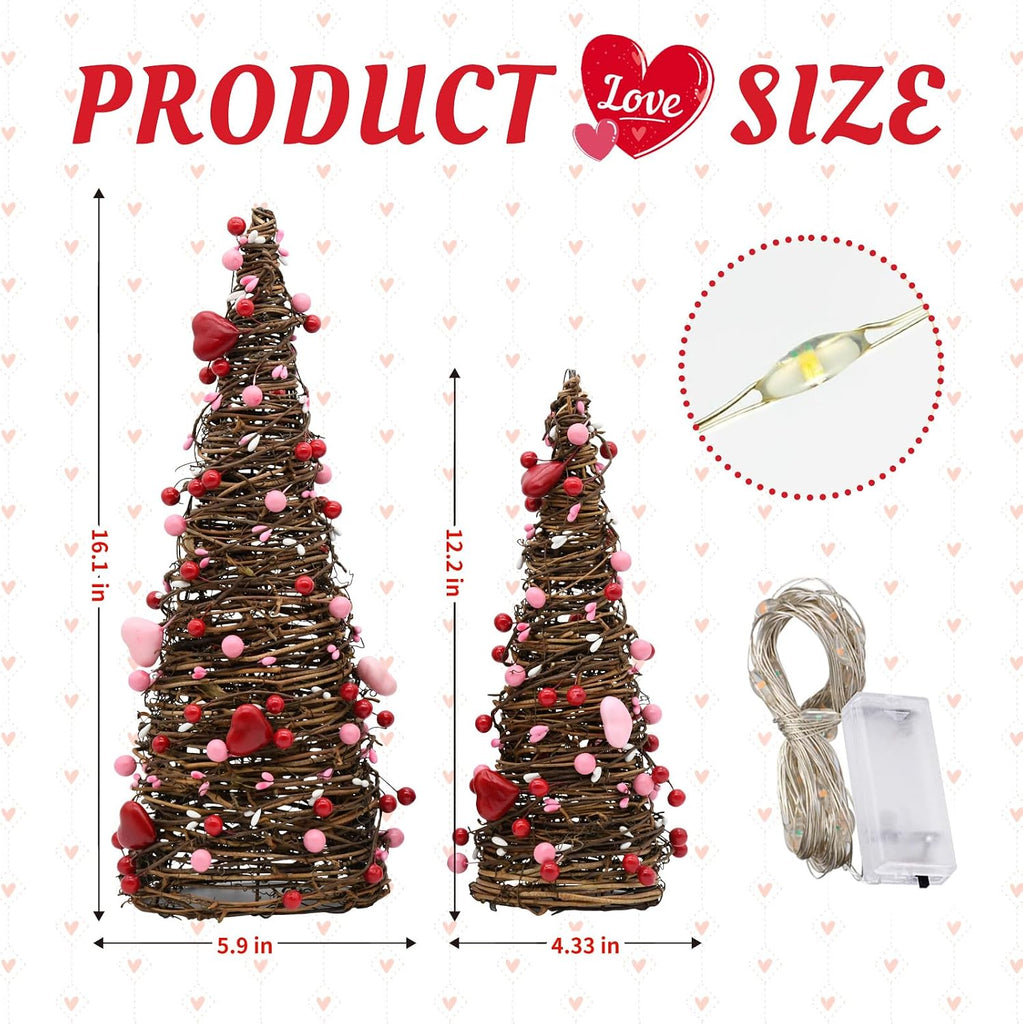 Valentines Day Rattan Table Tree Decor,Lighted Valentines Day Decorations - Set of 2