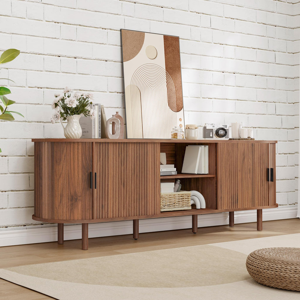70-Inch Mid Century Modern TV Stand, Curved Entertainment Center with Fluted Sliding Doors, Storage Cabinet for TVs