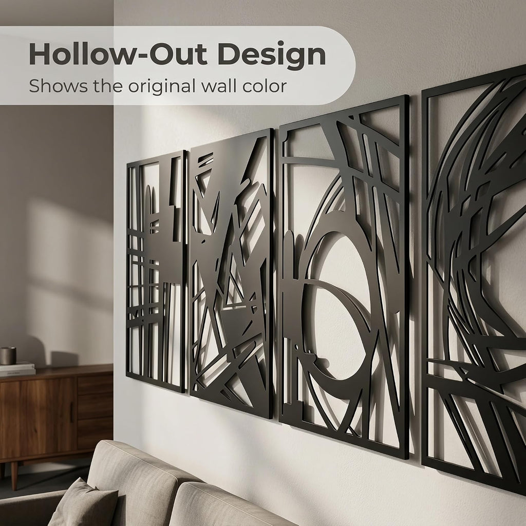 Black Metal Abstract Geometric Hollow Wall Sculpture Decor Set - Set of 4