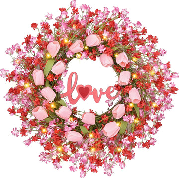 22IN Valentines Day Wreath Decorations, Wreath for Front Door, Pink Tulip Valentine, Spring Summer for Valentine's