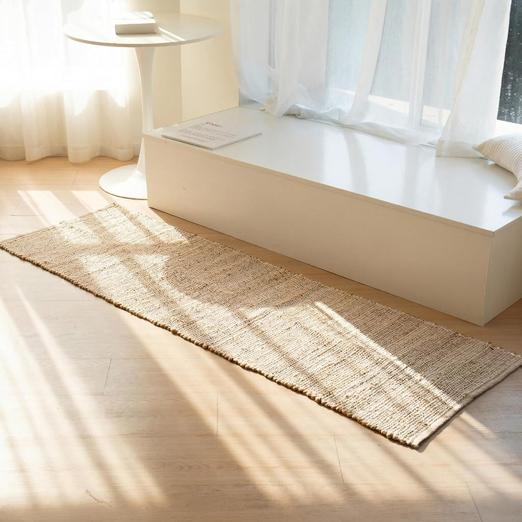 Jute-Cotton Rug 2x6 - Luxurious Natural Hallway Runner with Non-Slip Backing, Low-Profile Kitchen Ru