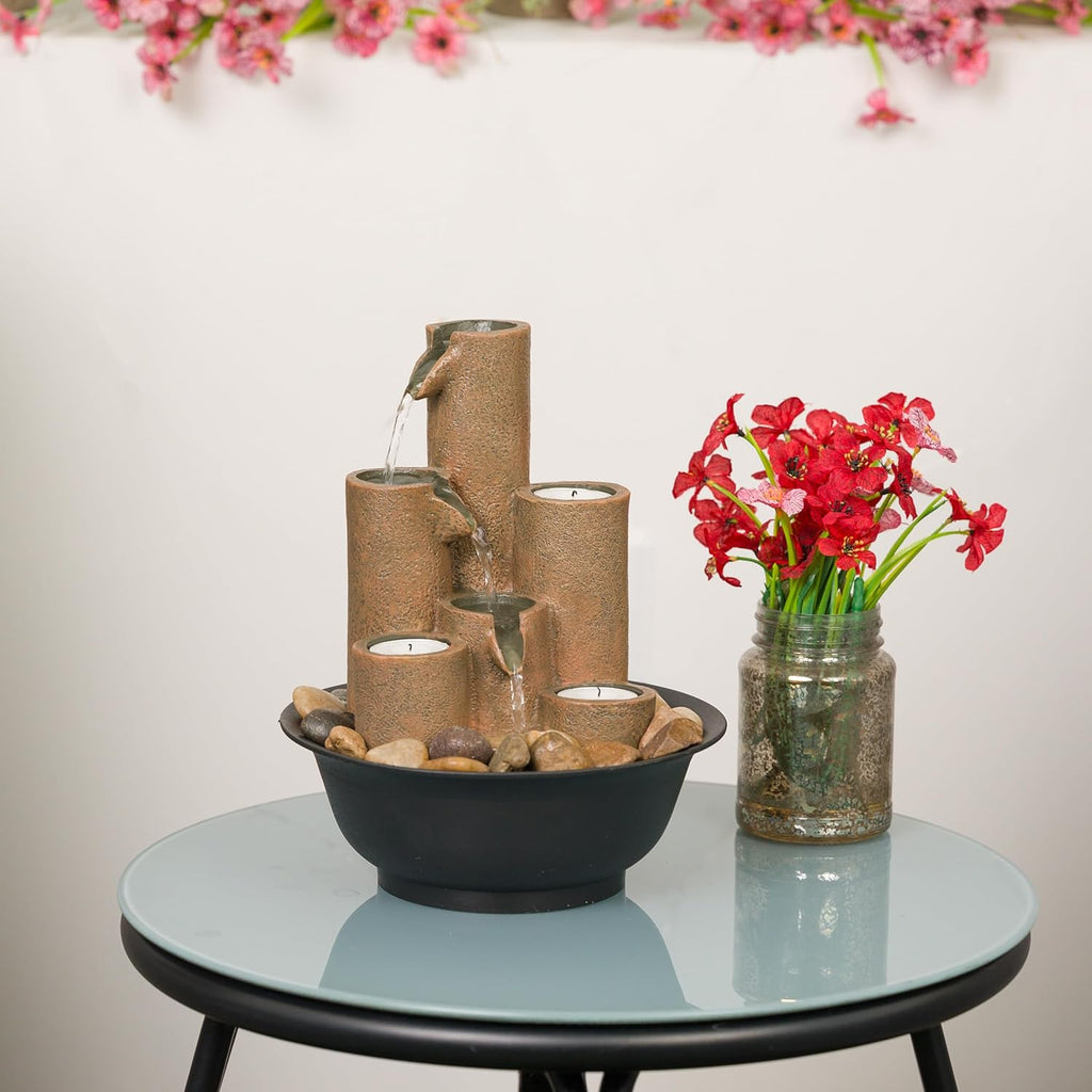 Indoor Tabletop Tiered Water Fountain Featuring 3 Candles for Desktop and Table, 11", Brown