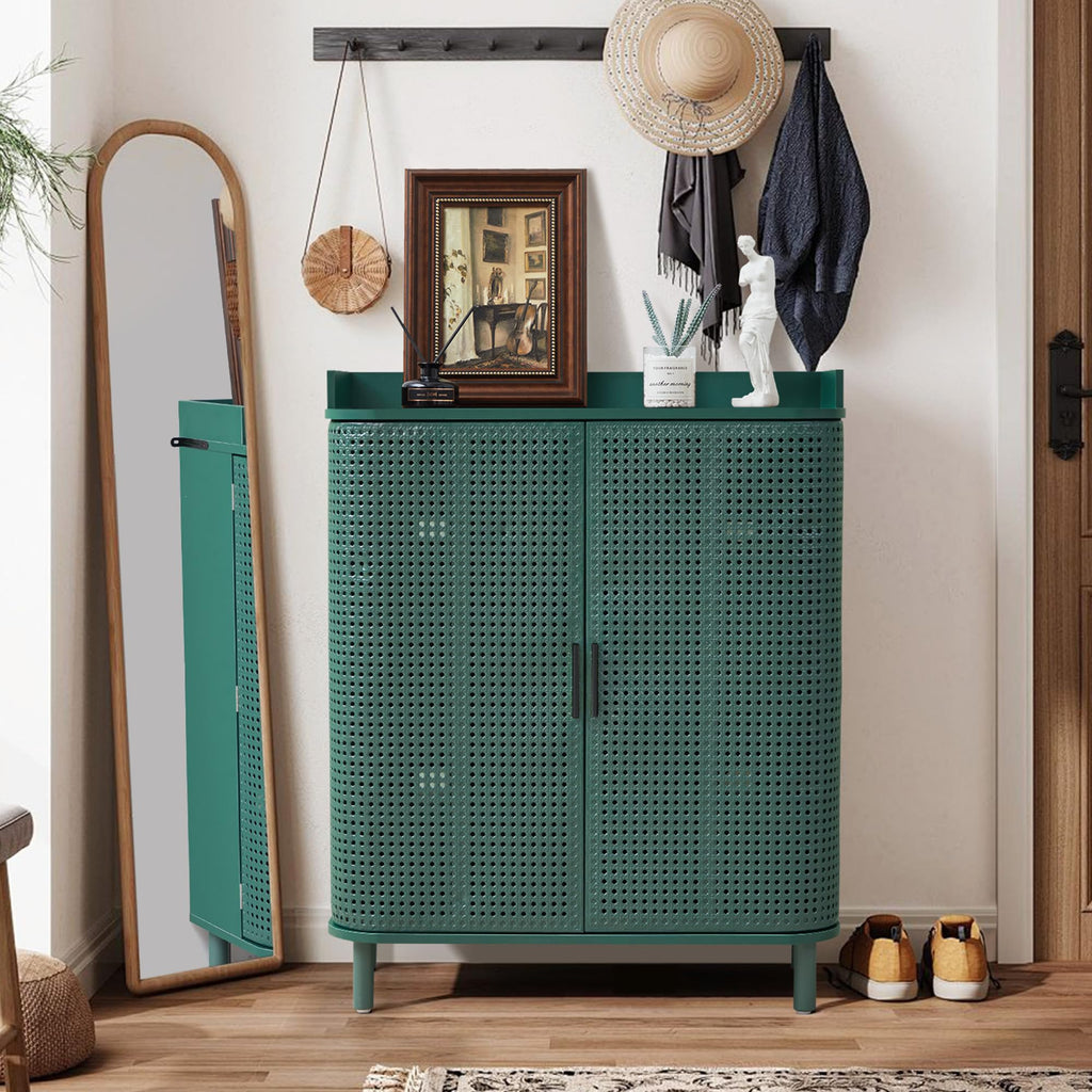 Shoe Cabinet, 5 Tier Boho Wooden Shoe Storage Organizer Cabinet with Adjustable Shelves, Shoes Rack with Iron Rattan