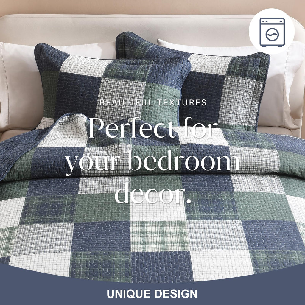 Rustic Quilt Set, 100% Cotton Plaid Patchwork Bedspreads