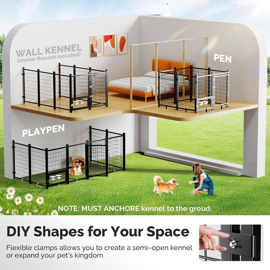 2PCS Outdoor Dog Kennel Outside Run with Doggy Door, Swivel Feeder&Roof - 8x4x6FT Large Dog Kennels Pens Outside