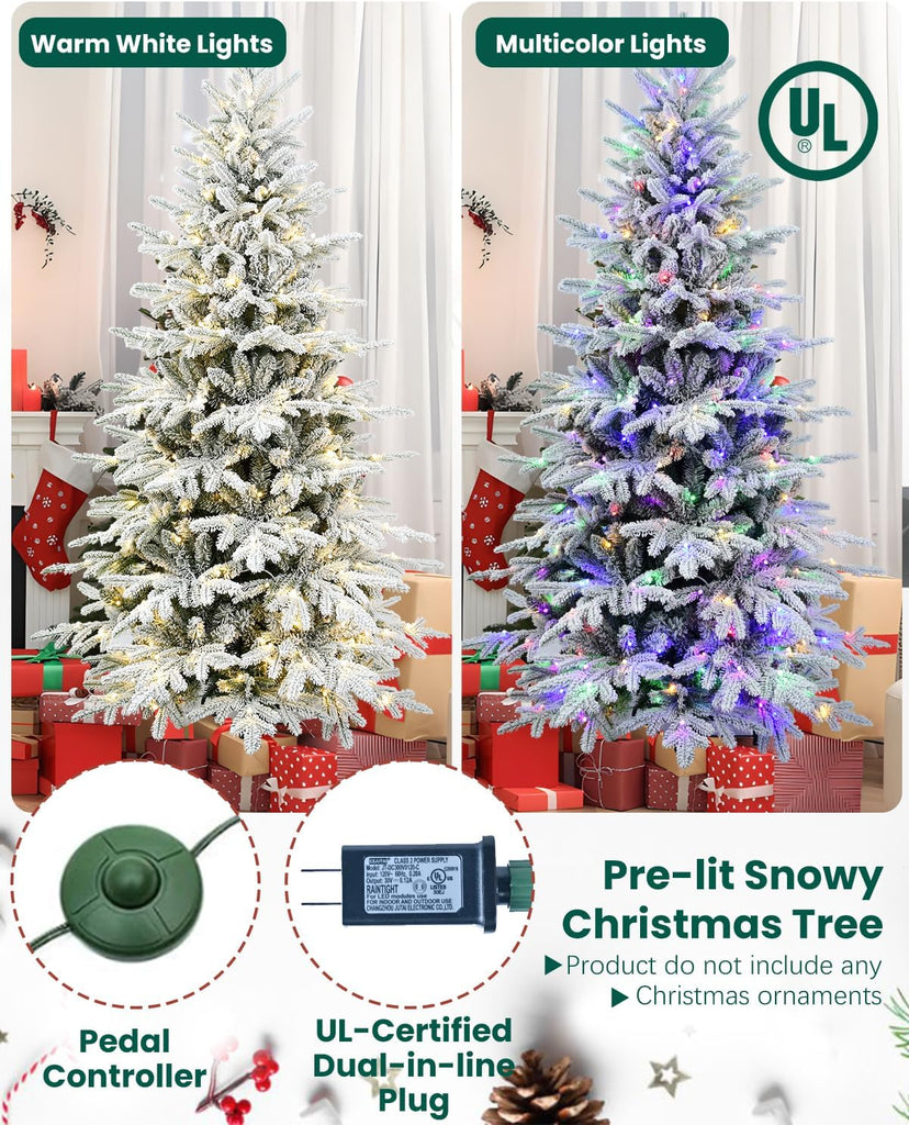 Christmas Tree Prelit Flocked,Snow Frosted PE Tips Premium Artificial Xmas Tree,Foldable Metal Base, Holiday