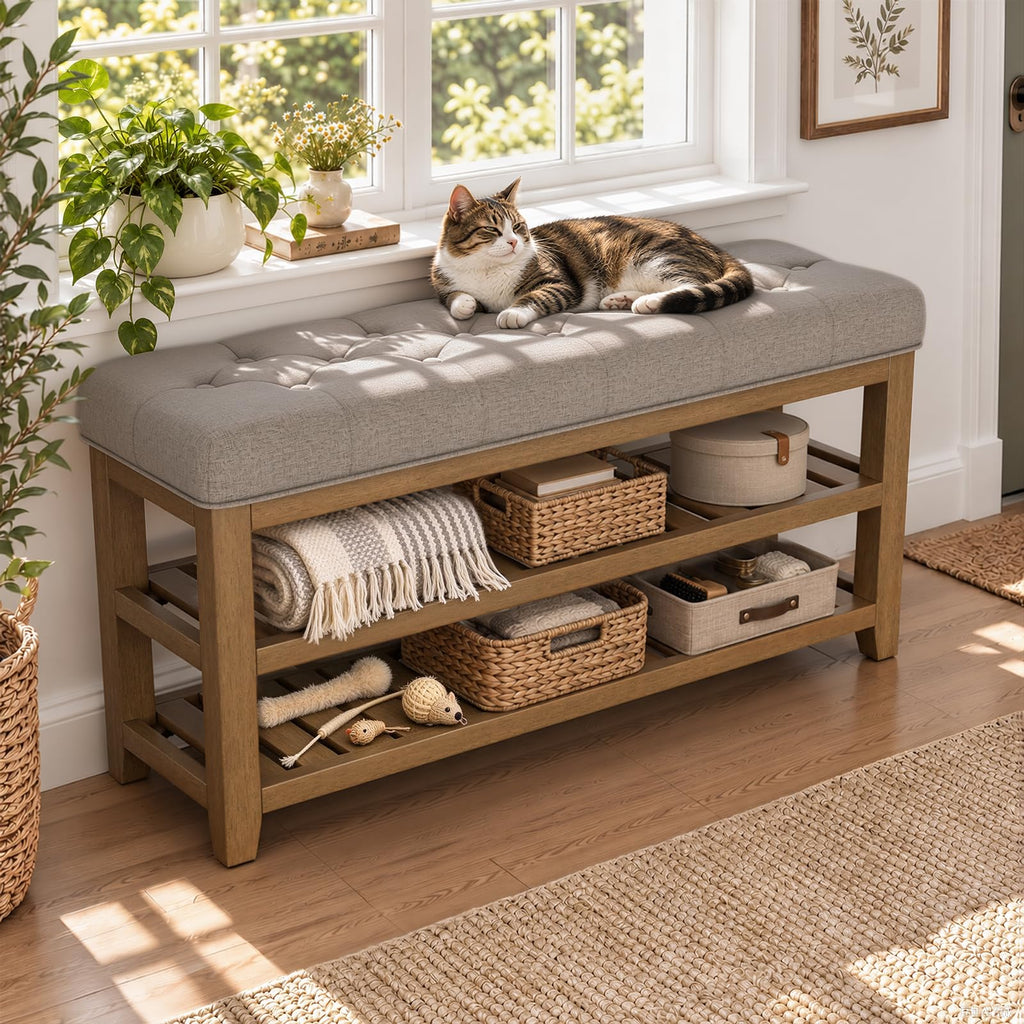 2-Tier Shoe Storage Bench, Solid Wood Entryway Bench, 45.3" Taupe