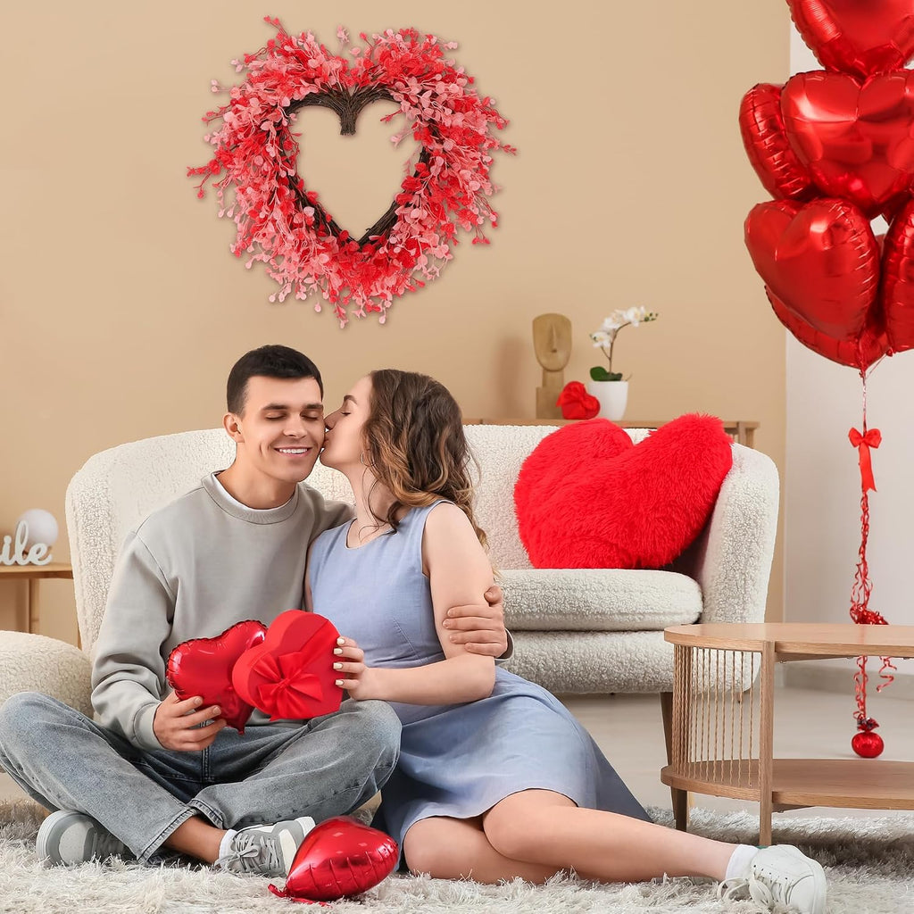 Valentine's Day Heart Wreath 22 Inch Red and Pink Artificial Floral Wreath with Ribbon Door Wall Window Hanging Decor - Set of 2