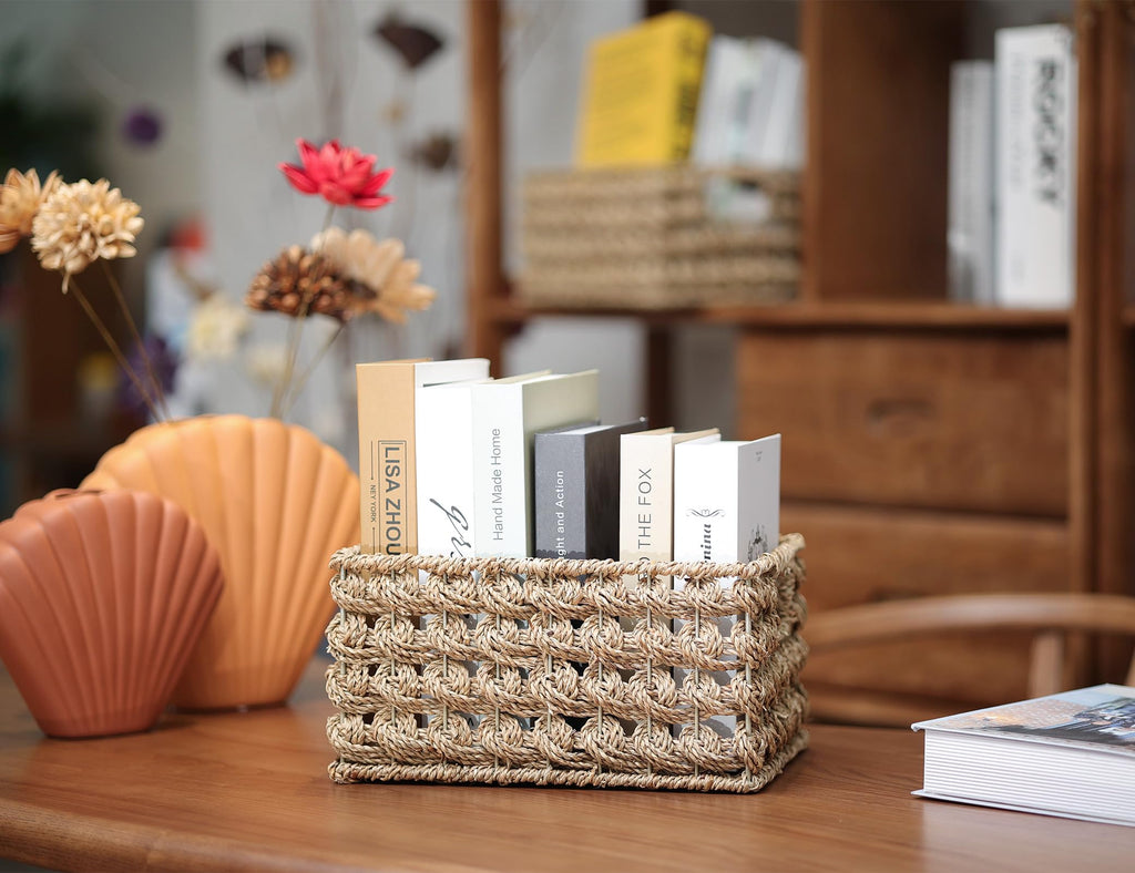 Wicker Storage Baskets, Seagrass Baskets for Counter Organizing, Handwoven Rectangular Baskets for Shelves, 11 x 7.5