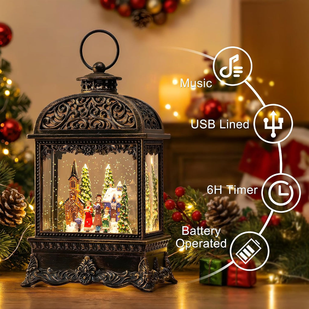 Christmas Village Snow Globe Water Lantern with Church Carolers Scene Battery Operated or USB Powered Musical Lighted