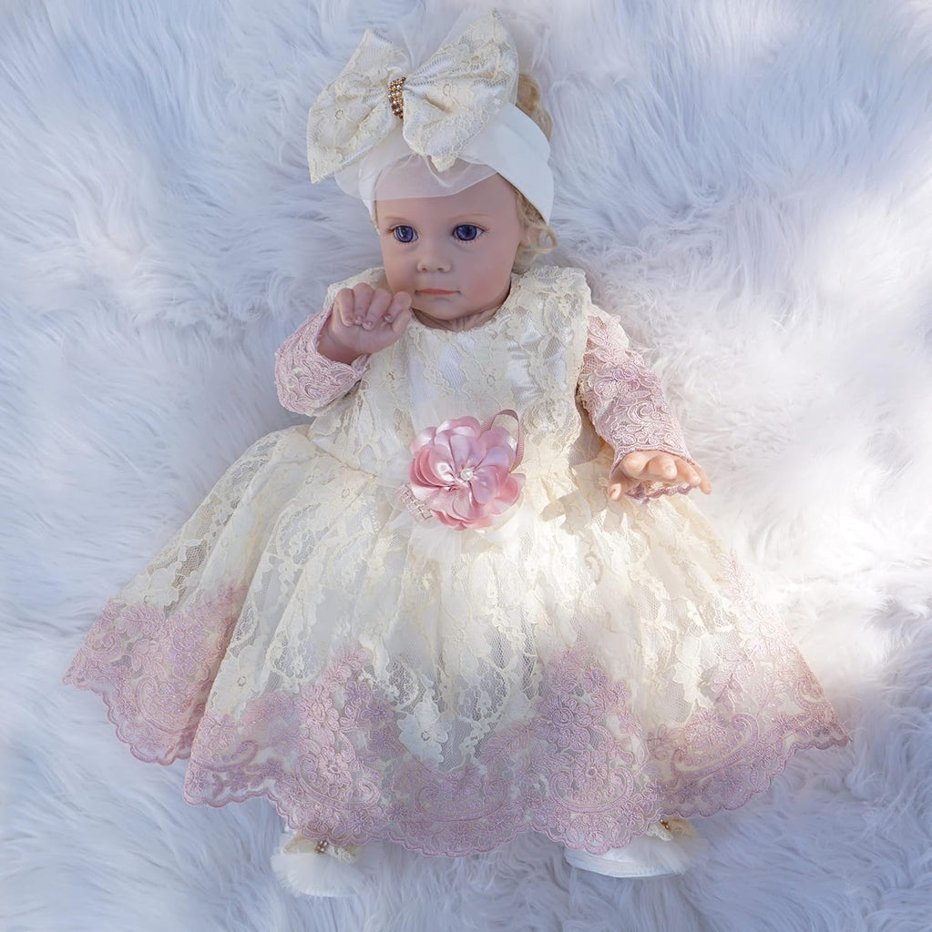 Newborn Baby Girl Lace Dress Set, 4 Pieces Outfit for Special Occasions (US, Age, 0 Months, Pink, Ivory, Pearl.)