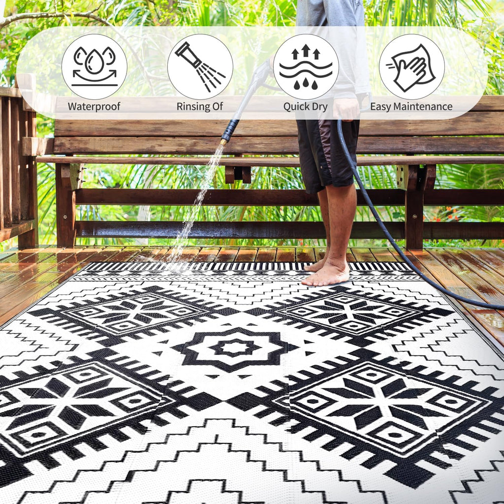 Waterproof Outdoor Rug, Boho Reversible Plastic Straw Mat RV Deck Porch Backyard Balcony Camping Picnic Beach