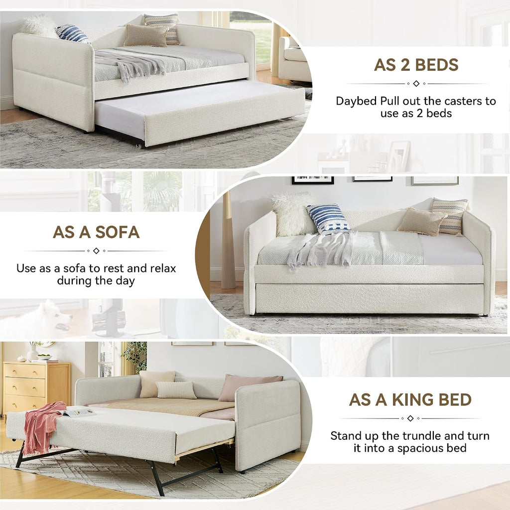 Full Size Daybed with Pop Up Trundle, Boucle Upholstered, Beige | Soft boucle daybed with twin pop-up trundle, padded