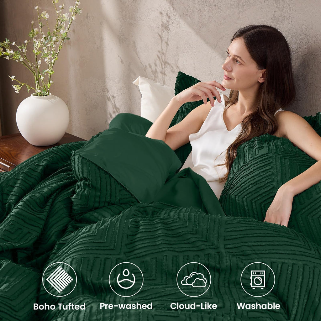 Comforter Set, Boho Tufted 3-Piece Bedding Set, Green