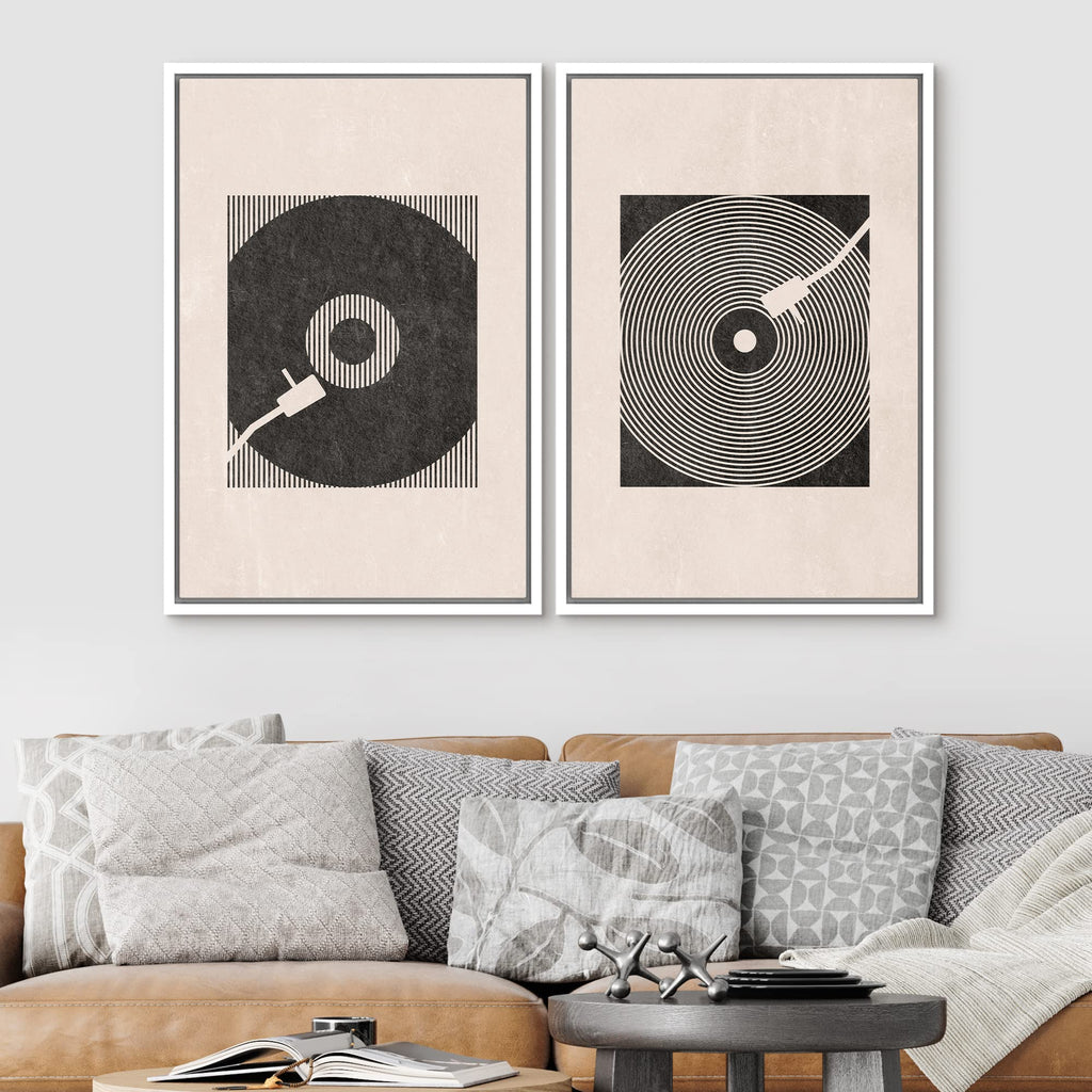 Framed Canvas Print Wall Art Set Mid-Century Geometric Music Record Player Shapes Abstract Illustrations Modern Art