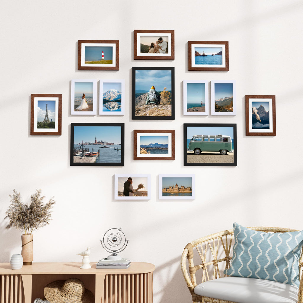 15 Pack Gallery Wall Frame Set, Black, Walnut Brown, White