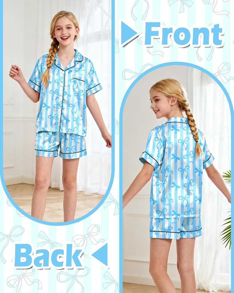 Girls Pajamas Silk PJS Set Bow Satin Sleepwear Short Sleeve Jammies for Kids Button-Down Nightwear