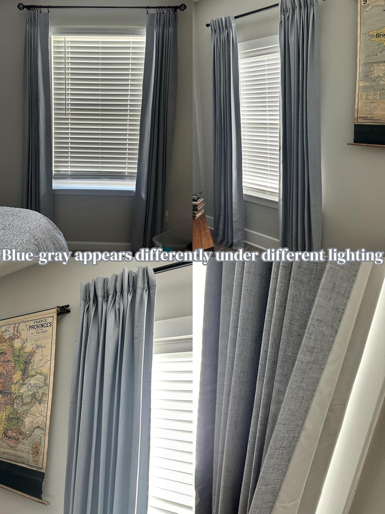 Blue Gray Pinch Pleated Full Blackout Curtains, Linen Blend Room Darkening Thermal Insulated Soundproof Drapes, 84
