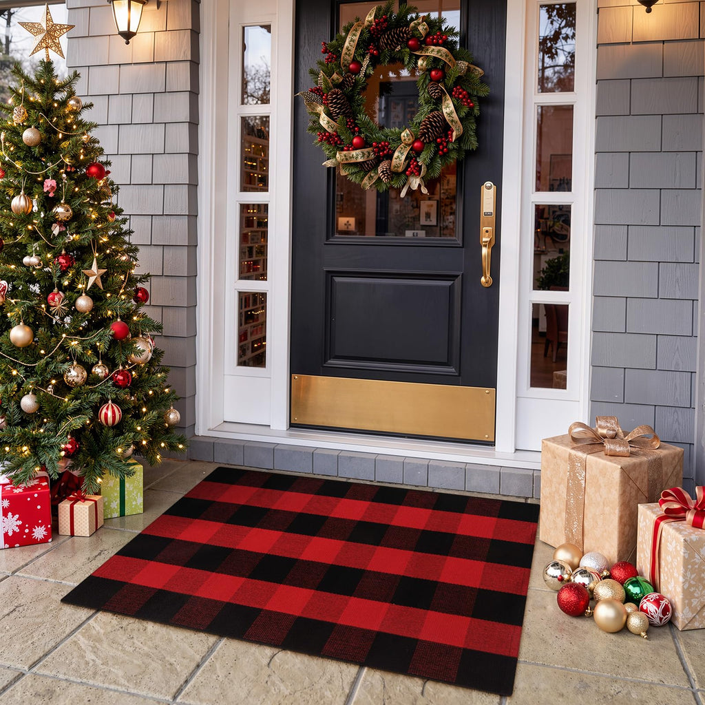 Christmas Outdoor Rugs, Red and Black Buffalo Plaid Front Porch Rug