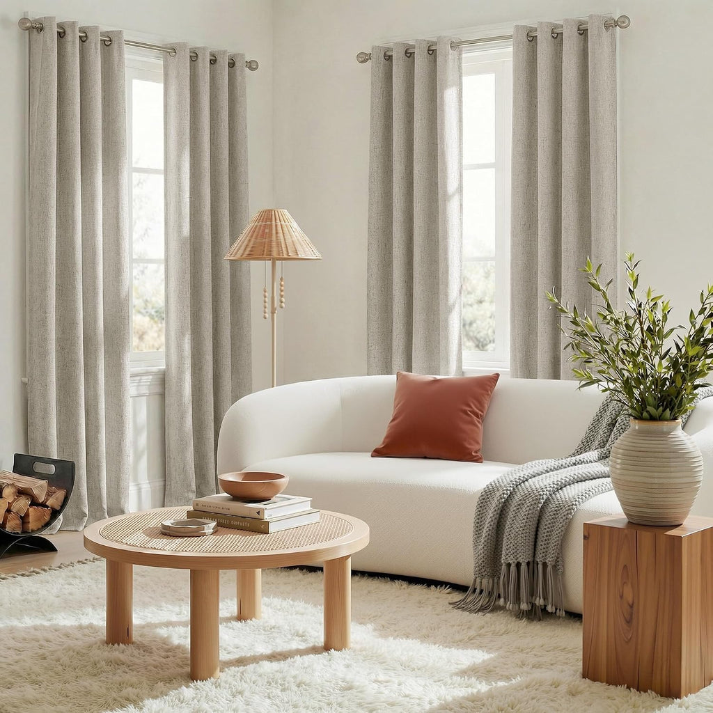 100% Blackout Linen Beige Curtains 96 inches Long, White Liner Composite Grommet Thermal Drapes Casual Home Decor
