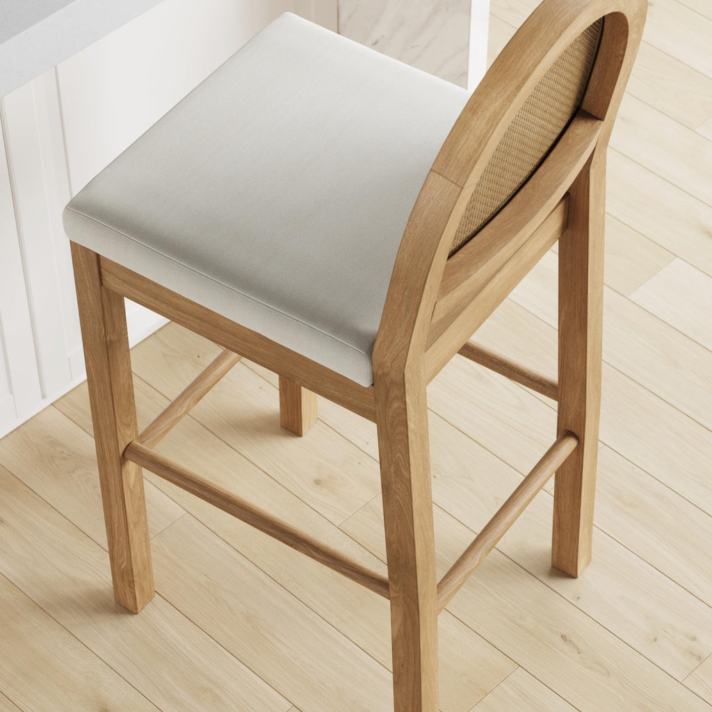 Bailey 29 in. Boucle Bar Stool with Back, Bar Height Chair with Natural Woven Rattan Back and Solid Wood Legs, Light