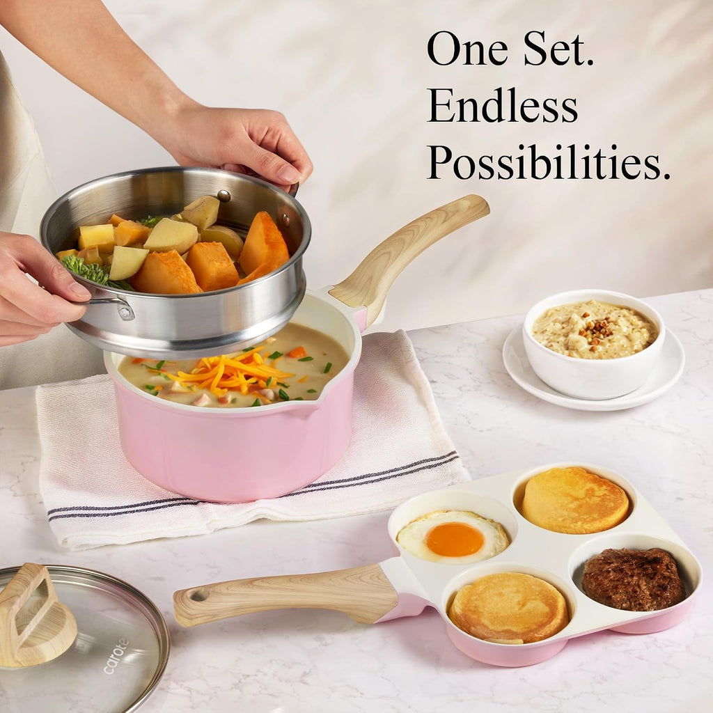 21pcs Ceramic Cookware Set, Pots and Pans Set, Pink | Non-Toxic, Healthy Kitchen set, All-Stovetop Compatible, Easy