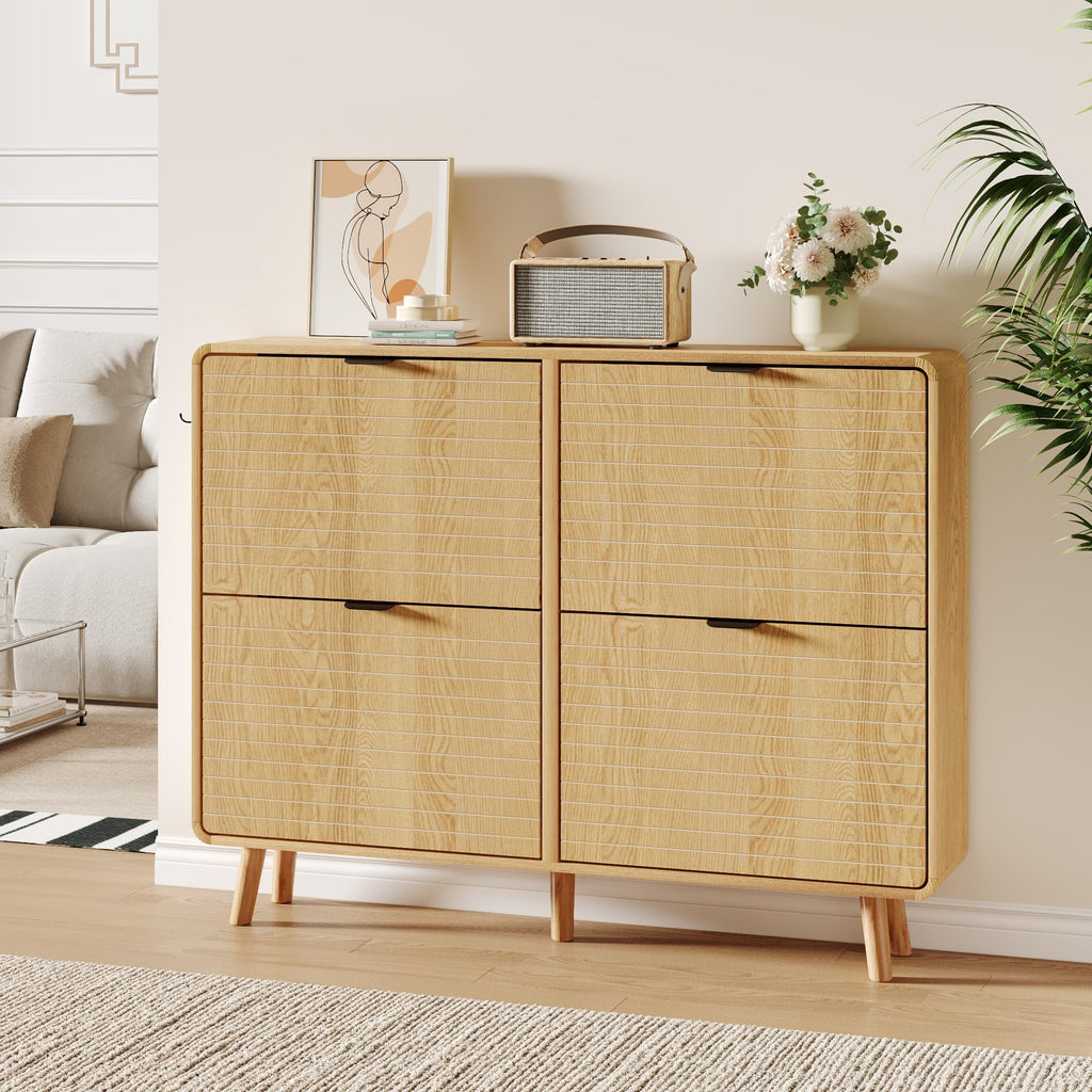 Fluted Shoe Storage Cabinet with 4 Flip Drawers, Oak