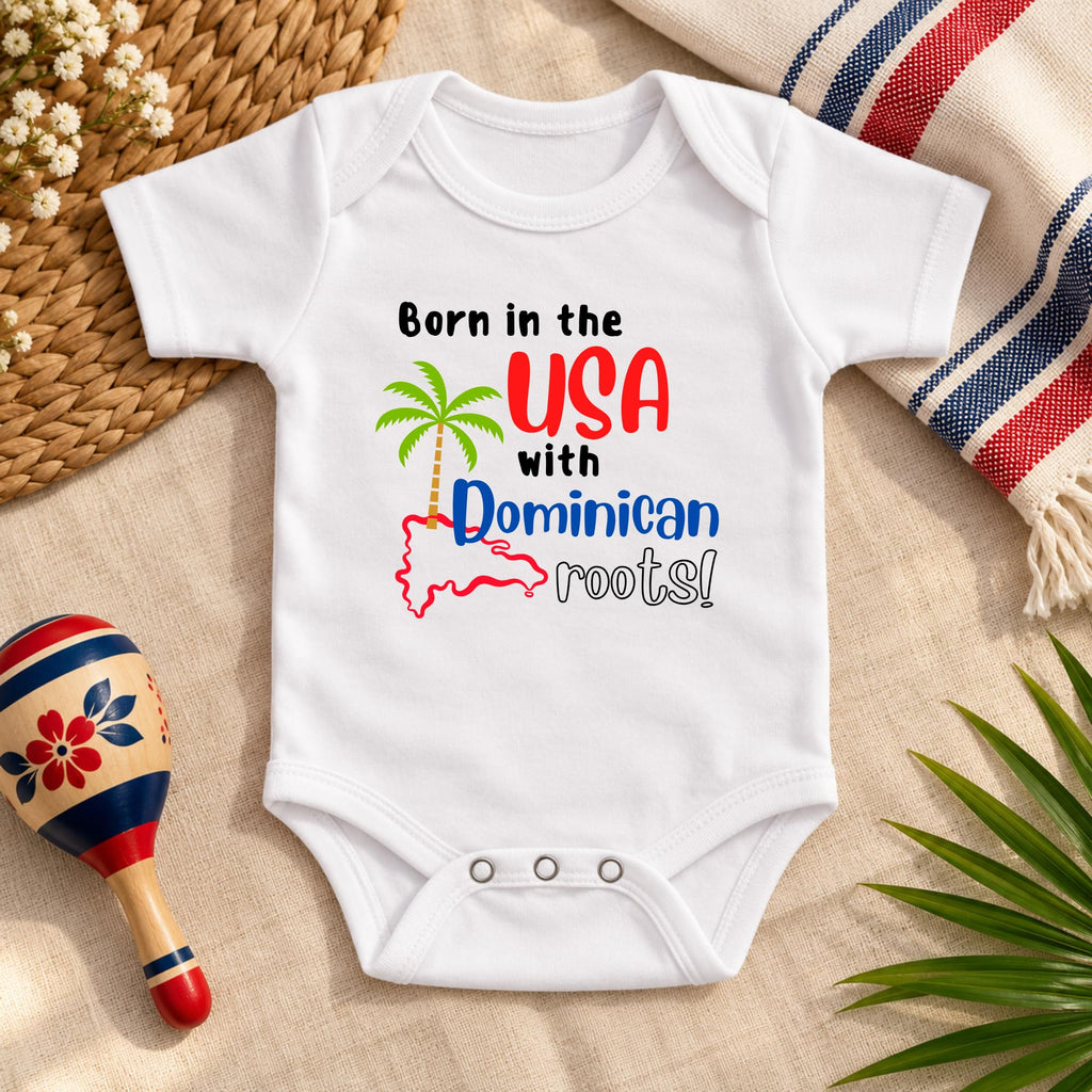 Born in the USA with Dominican Roots Baby Bodysuit | Newborn Baby Gift | Dominican Baby Jumpsuit