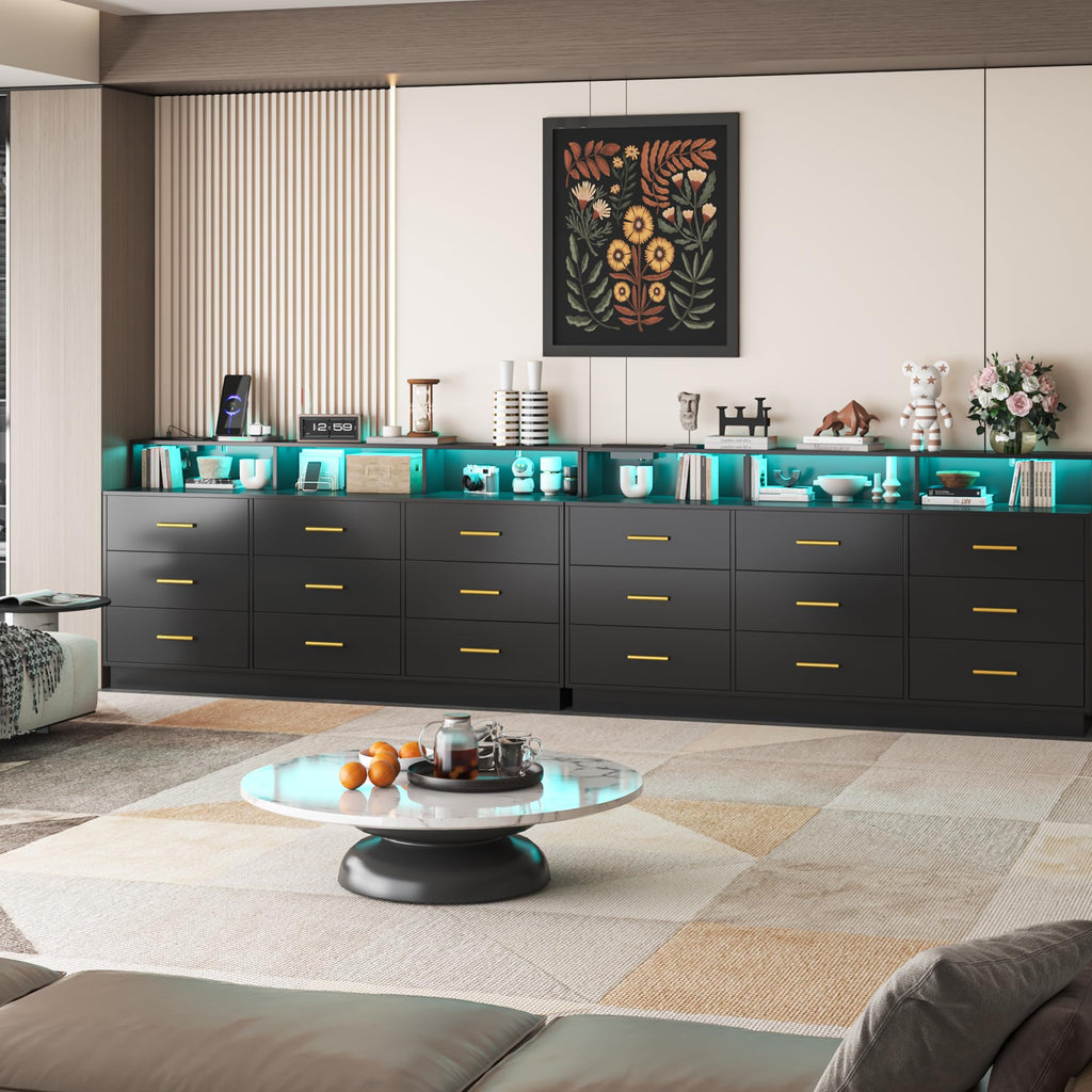 Black 9 Drawer Dressers, Modern Large Dresser with LED Light and Power Outlet, Wooden Long Dresser