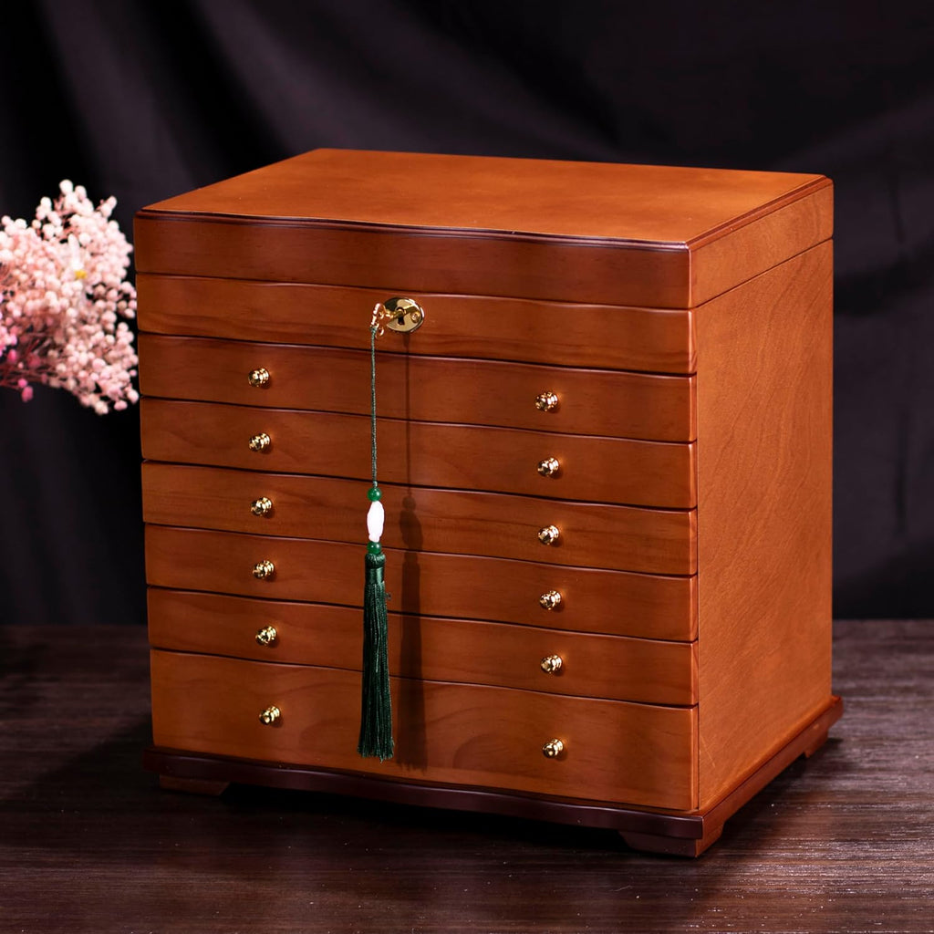 Solid Wood Jewelry Box w/Lock, 9-Layer Large Storage Organizer - Set of 300