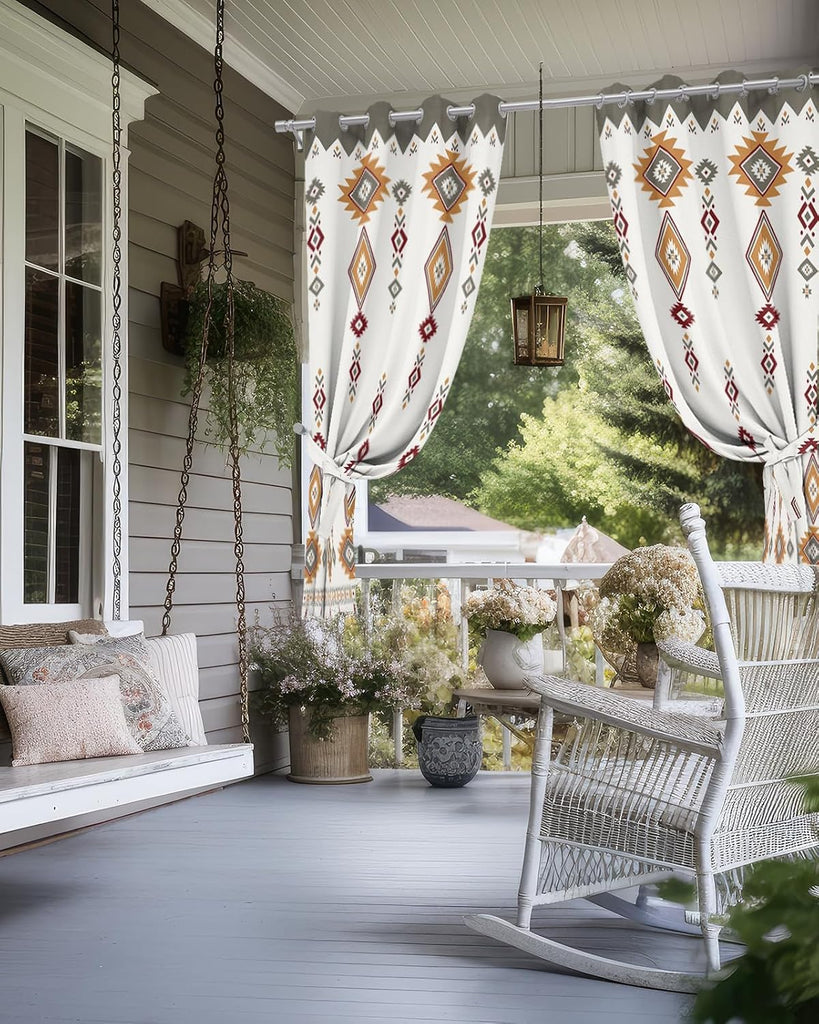 Outdoor Curtains Waterproof, Vintage Southwest Gray Boho Geometric Tribal Style Grommet Weatherproof Privacy Outsides