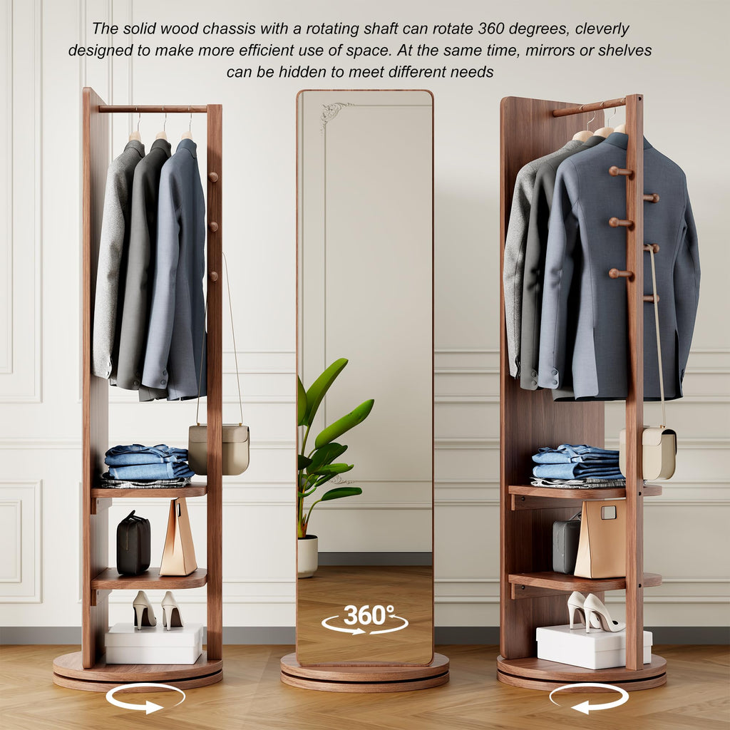 360° Rotating Full Length Mirror with Hook Storage Rack,Body Mirror Storage