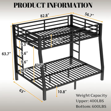 Metal Full XL Over Queen Bunk Bed with High Guardrail & Under-Bed Storage