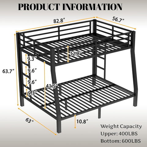 Metal Full XL Over Queen Bunk Bed with High Guardrail & Under-Bed Storage