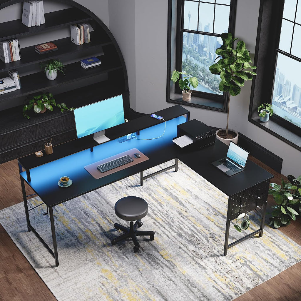 64 Inch L Shaped Gaming Desk with Monitor Stand and Power Outlets | Large Corner Computer Desk With Pegboard & Led