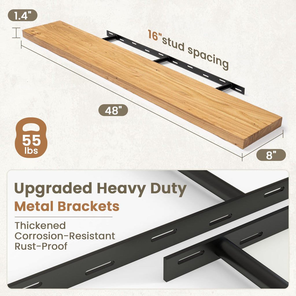 Floating Shelves for Wall, Solid Elm Wood Floating Shelf, 48 x 8 Inch Rustic Wall Shelf with Invisible Brackets
