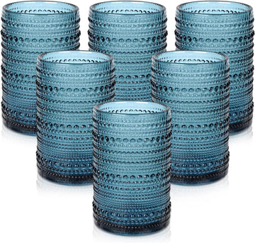 Vintage Glassware Drinking Glasses Set of 6, 15 oz Hobnail Glass Cups,Embossed Blue Water Tumbler,for