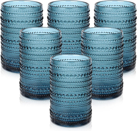 Vintage Glassware Drinking Glasses Set of 6, 15 oz Hobnail Glass Cups,Embossed Blue Water Tumbler,for