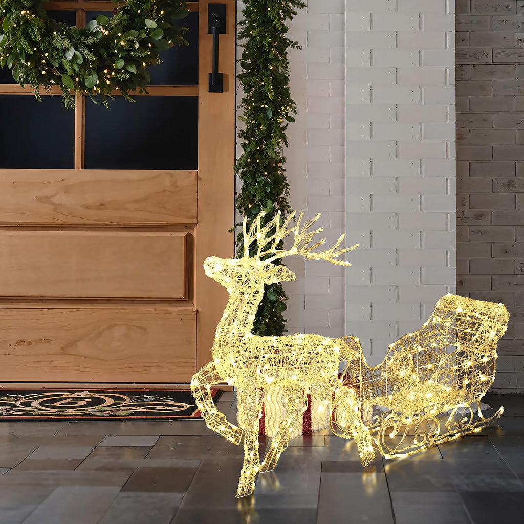LuxenHome Lighted Reindeer & Sleigh Christmas Decoration