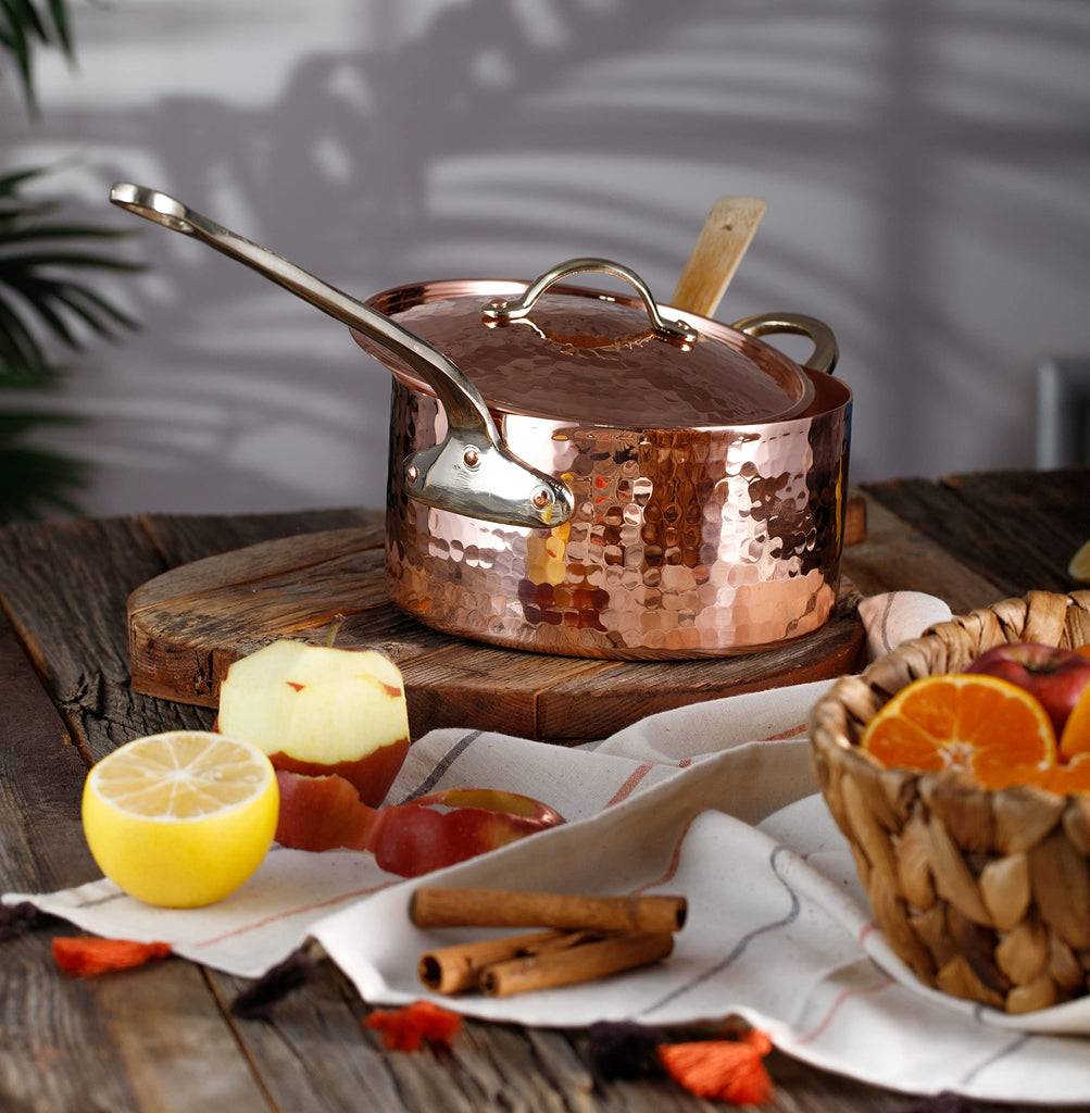 1.2mm Thick Hammered Uncoated Copper Saucepan with Lid & Helper Handle, Food-Safe Tin Lined (1.7-Quart)