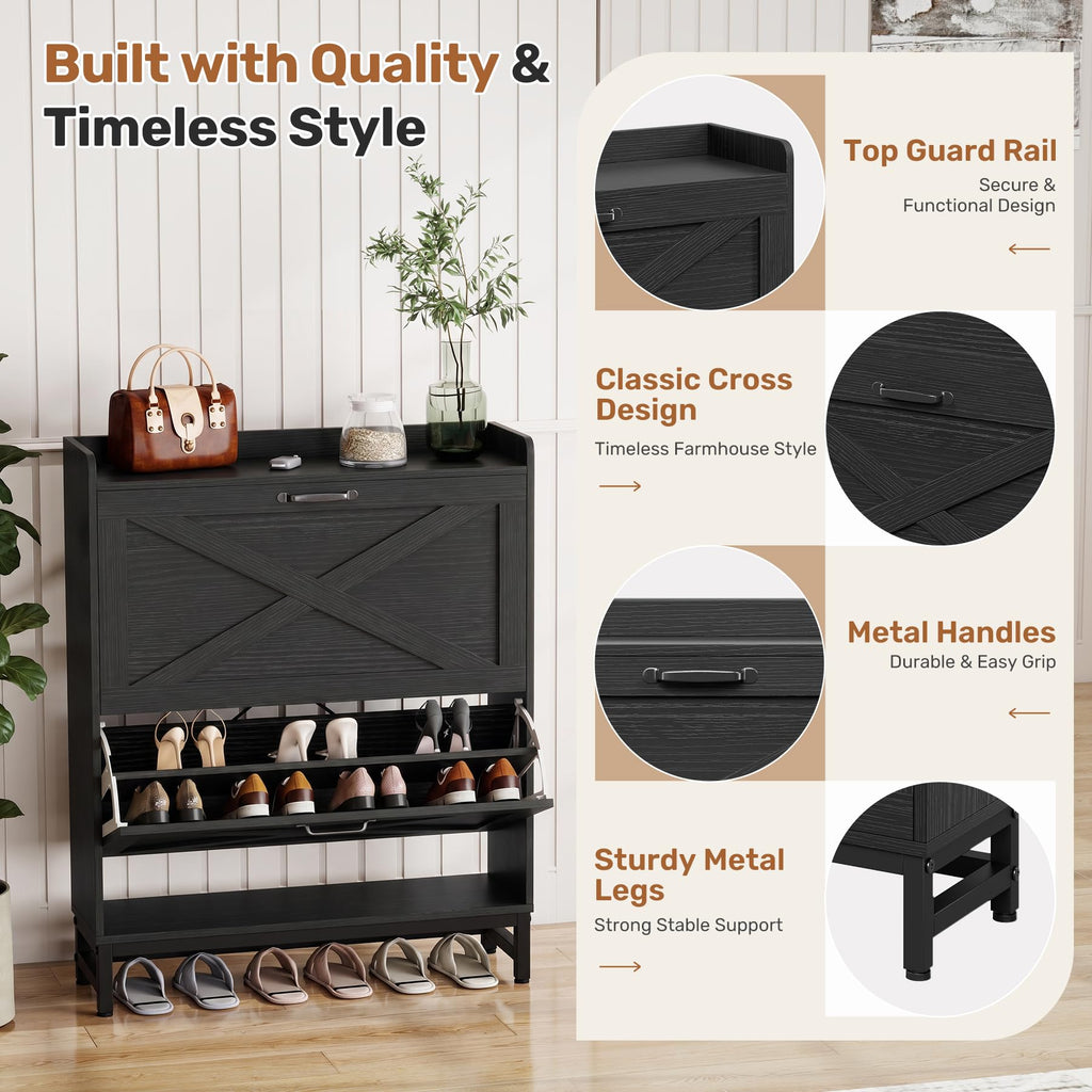 Rustic Farmhouse Shoe Cabinet with 2 Flip Drawers